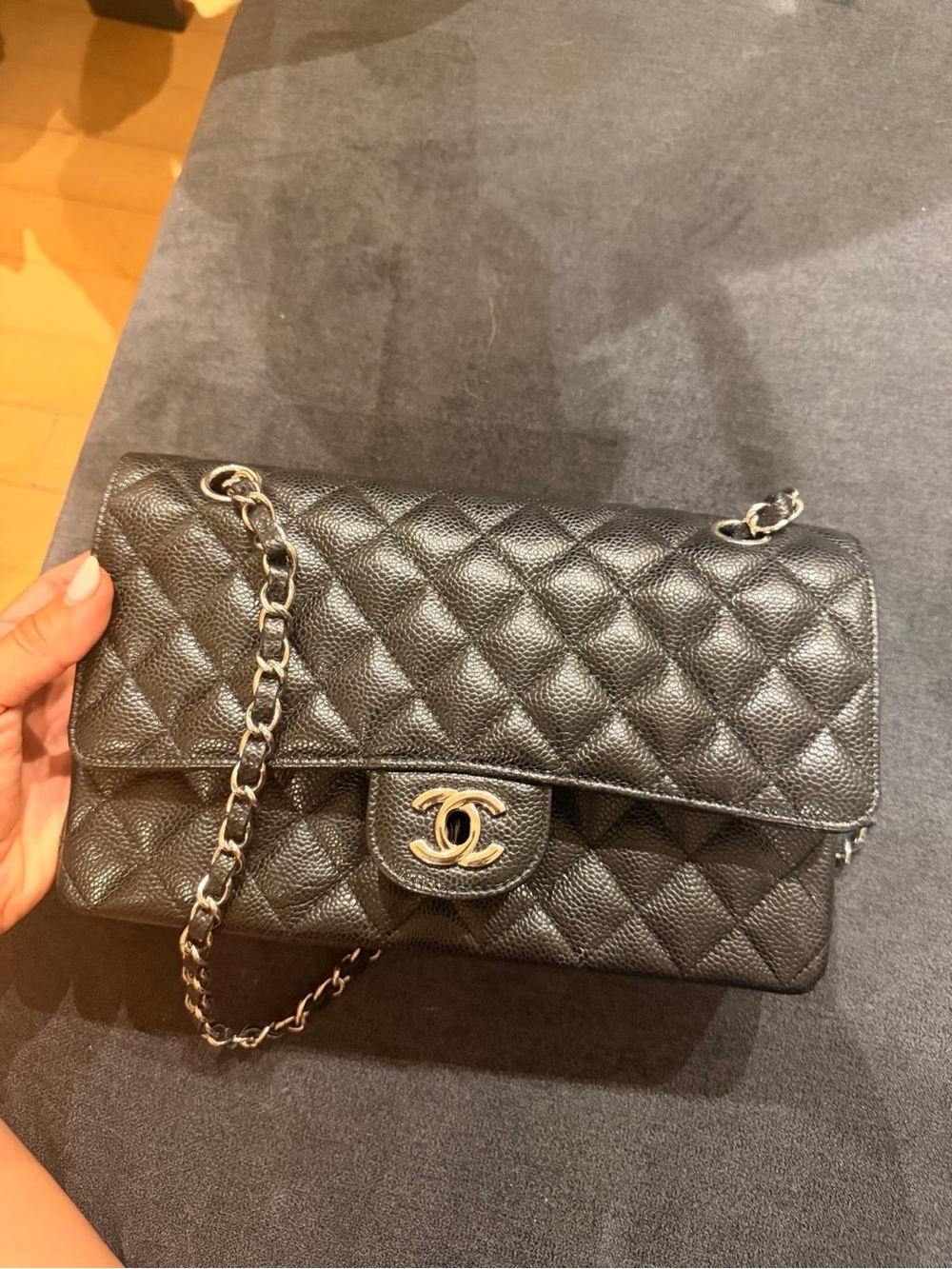 CHANEL Black Quilted Caviar Leather Shoulder Bag with Gold Hardware